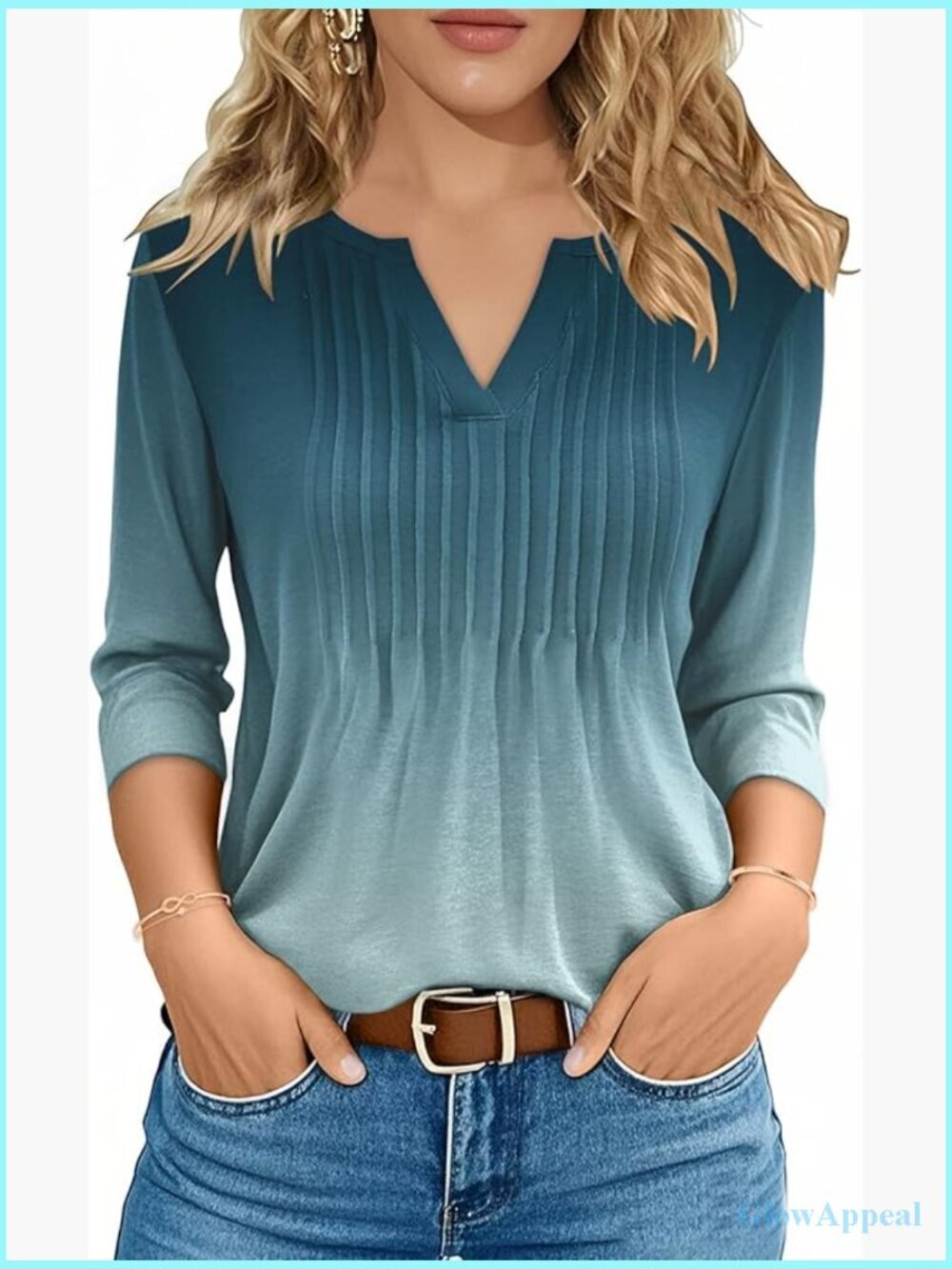 3/4 Length Sleeve V Neck Pleated Blouse Tunic T-Shirt Dressy Casual
